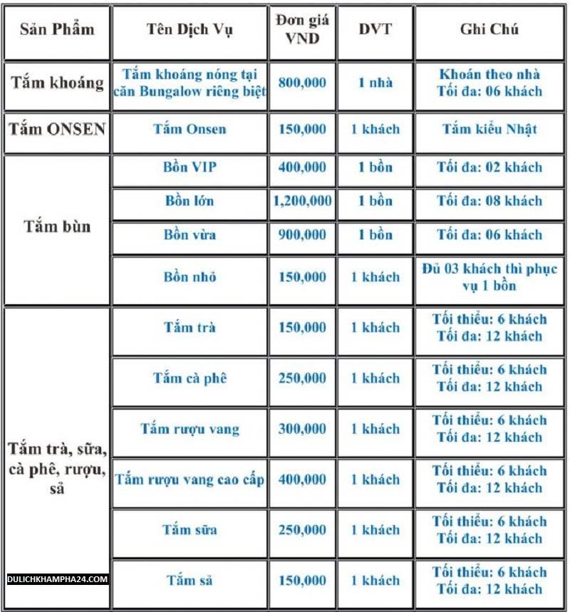 Bảng giá dịch vụ Núi Thần Tài